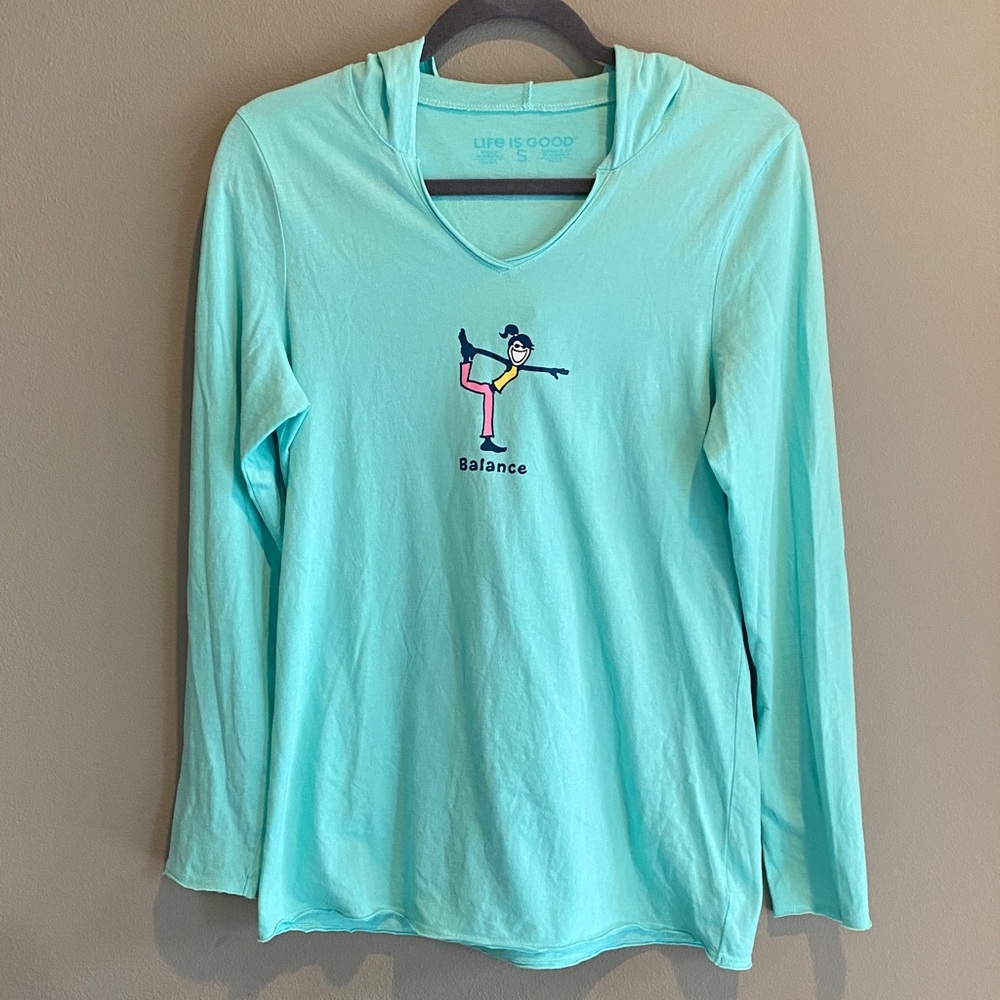 Life Is Good Women's Long Sleeve Hooded Tee in Aqua with Multicolor Graphic